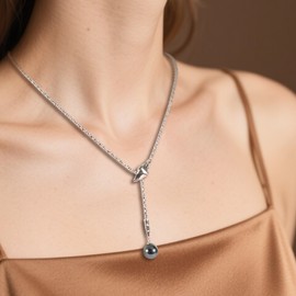 IDOKAWA 11-12mm Simulated Pearl Pendant Necklace for Women Y-Shaped Elegant Round Grey Single Pearl Necklace Anniversary Jewelry Gifts for Wife Mom-Snake