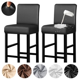 Lebaley 2 Pack Bar Stool Covers with Backs Waterproof Stretch PU Leather Bar Stool Seat Covers Slipcovers for Counter Height Chairs 14"-17" Wide, Removable & Washable for Kitchen Pub Cafe, Black