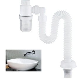 LANZLC Siphon 1 1/4 Zoll Raumsparsiphon, Flexibler Ablaufschlauch, Einstellbarer Siphon Waschbecken, Geruchsdichter Flexibles Siphon Austauschbarer Abwasserrohr, Abflussrohr mit Geruchsverschlus, Weiß