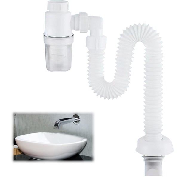 LANZLC Siphon 1 1/4 Zoll Raumsparsiphon, Flexibler Ablaufschlauch, Einstellbarer Siphon