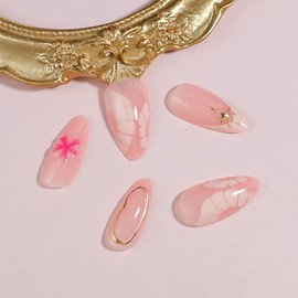 Almond Press on Nails Medium Length 3D Fake Nails Pink Flowers Acrylic Nails 3D Gold Line False Nails Reusable Spring Artificial Nails for Women Manicure French Tip Nails Decoration 24Pcs