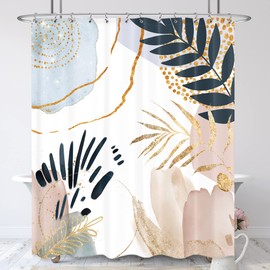 LIGHTINHOME Abstract Mid Century Shower Curtain 72Wx84H Inches Extra Long Boho Pastel Geometric Golden Leaves Minimalist Modern Aesthetic Bathroom Home Decor Fabric Waterproof Polyester with Hooks