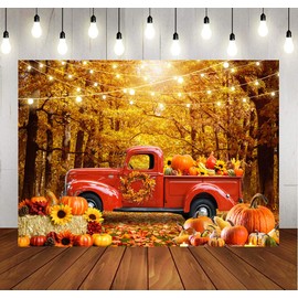 LYCGS 7X5ft Fall Photography Backdrop Fall Thanksgiving Party Backdrop Autumn Forest Maple Leaf Sunflower Pumpkin Haystack Red Car Photo Background Thanksgiving Decoration Banner X-161