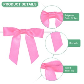 M METERXITY 50-Pack Satin Ribbon Twist Tie Bows, 2.8 Inch Bow Twist Ties, Satin Ribbon Medium Pink Bows for Craft DIY/Baked Goods/Hair Bow Sewing/Wedding/Birthday/Party
