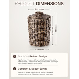 Tidita 2 Gallons Wicker Waste Basket - Water Hyacinth Bathroom Trash Can - Garbage Can with Lid Boho Style - Wicker Trash Can with Lid for Bedroom, Kitchen - Removable Liner, Handwoven (Black Color)