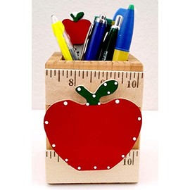 Wooden Pen Holder, AA-R09 AP - w/Apple and Ruler, 4.25"x3.25"x3.75" Made in USA - Teachers Appreciation Gift. Accessories are not Included Unless specified.
