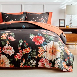 Joyreap 7 Piece Bed in a Bag Queen, Floral Comforter Sheet Set, Black n Orange Flowers Design, All Season Microfiber Bedding Comforter Set