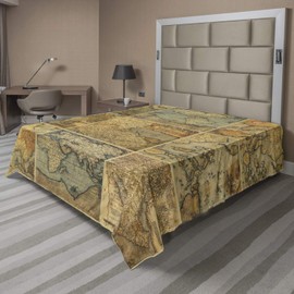 Lunarable World Map Flat Sheet, Collage Antique Old Atlas Maps Vintage Group of Civilization Themed Print, Soft Comfortable Top Sheet Decorative Bedding 1 Piece, California King, Pastel Beige