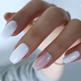 SWEKKE Press on Nails Medium Square Fake Nails White and Pink Full Cover False Nails with Sliver Swirl Designs Glossy False Nails with Nail Glue Artificial Nails for Women Girls 24 Pcs