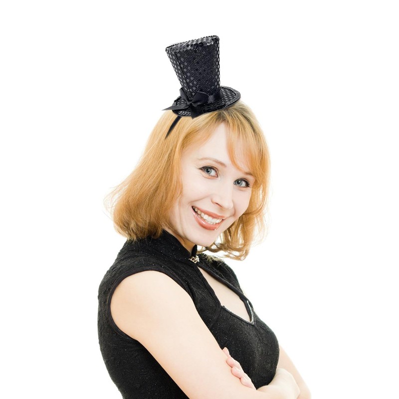 Cerchietto con mini cappello a cilindro, con paillettes, accessorio per