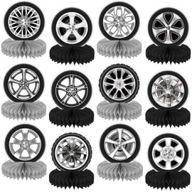 12Pcs Race Car Centerpieces for Tables, Racing Car Birthday Party Decorations Wheel Tire Centerpieces Decor, Double-Sided Tire Decorations for Car Themed Birthday Party Supplies