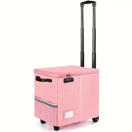 futaiphy Portable fireproof rolling file box with Telescopic handle,file cart with wheels,File Storage Box with lock, file cabinet Collapsible Milk Crate Utility Carts (Pink)
