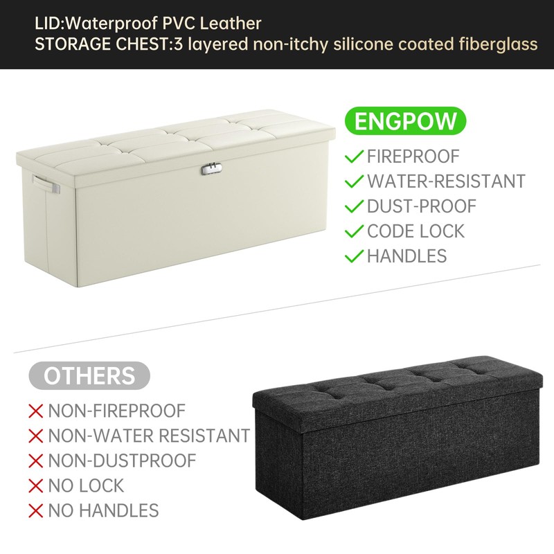 ENGPOW Storage Ottoman,Fireproof Folding Storage Bench with Lock(15”x 43”x15”),Waterproof Leather