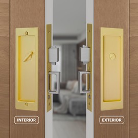 LWZH Privacy Pocket Door Lock Hardware, Hidden Handles, Privacy Pocket Door Lock with Push Automatic Bounce Switch (Gold)