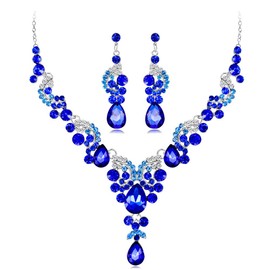 Wedity Bridal Wedding Crystal Necklace Earrings Set Floral Choker Necklaces Teardrop Jewellery for Women and Girls (Blue)