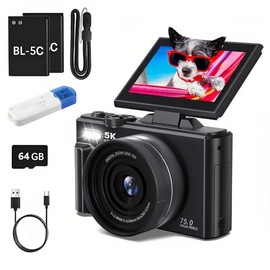 YBB Camara Digital 5K 75MP con WiFi y Pantalla Abatible de 3"
