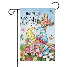 Louise Maelys Happy Easter Welcome Garden Flag Floral Cross Bunny Gnome 12x18 Inch Double Sided Small Burlap Spring Holiday Yard Outdoor Flag Outside Home House Decoration (ONLY FLAG)