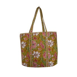 Floral Print Cotton Tote Bag, Quilted Mustard Yellow with Pink Flowers, Striped Trim