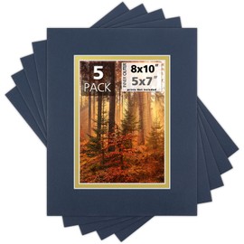 Mat Board Center, Pack of 5, 8x10 for 5x7 Photo Picture Double Mats - Acid Free, 8-ply Thickness, White Core - for Pictures, Photos, Framing (Blue Over Gold Color)