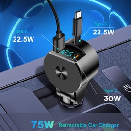 3-in-1 Aufrollbares Auto Ladegerät, 75 W zigarettenanzünder USB QC3.0+PD 30W, Handy Schnellladegerät Auto Zigarettenanzünder Stecker Adapter mit LED Voltmeter, Kompatibel mit Handy GPS Tablet PC...