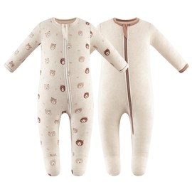 Owlivia Organic Cotton Baby Pajamas, Boys Girls 2-Pack Zip Front Sleep 'N Play, Footed Sleeper, Long Sleeve(3-6 Months, Mini Bears&Beige)