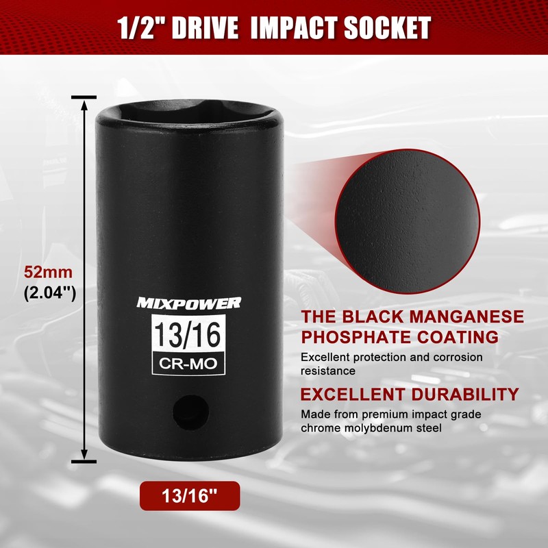 MIXPOWER 1/2" Drive 13/16" 5 Point Utility Socket, CR-MO, Impact