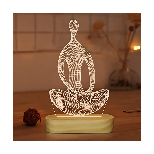 Yoga Lamp LED 3D Art Night Light for Girls Women Meditation Lovers Birthday Gifts,USB Power Warm Color Wood Base Table Lamps