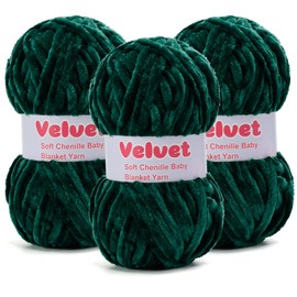 Soft Velvet Chenille Yarn for Crocheting & Knitting - Bulky Yarn for DIY Weaving Crafts 3 Skeins DarkGreen (3.5oz 66yds/Skein)