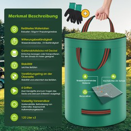 Miaglury 3 x 120 L Garden Waste Sacks with Glove, Leaf Bag, Garden Bag with Lid and 4 Handles, Stable Self-Standing Garden Waste Bags, Garden Waste Bags, Green Cut Bags, Leaf Bags for Garden Waste
