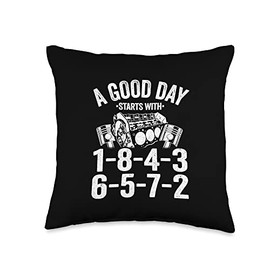V8 Drag Racing & Funny Mechanic Gifts Men Women A Good Day Starts with 1-8-4-3-6-5-7-2 Firing Order Garage Throw Pillow, 16x16, Multicolor