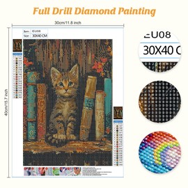 Qukle Kitty Diamond Painting Kits, 5D DIY Diamond Painting Cat on Bookshelf Kits for Adults Beginners, Full Drill Round Diamond Art Painting Dots Craft Set Gifts 30X40cm