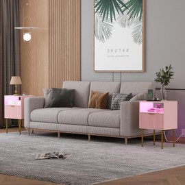 JOONEE Modern Nightstand with Charging Station and LED Lights, White Bedside Table with Drawer, Fluted Side Table for Living Room, Bedroom