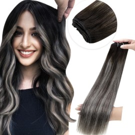 Autumn Deal: LaaVoo Real Hair Wefts Black Ombre Silver 35 cm Sew-in Extensions Weft Real Hair 80 g #1B/Silver/1B Black Balayage Silver Hair Weft Real Hair Wefts Human Hair Remy
