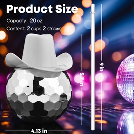 ALINK Disco Ball Cups with Cowboy Hat Lids and Straws, 20 OZ Silver Sparkly Disco Party Tumbler, Novelty Taylor Swift Cups for Hen Bachelorette Party, Bride Shower, 1970s Party Decorations, Pack of 2