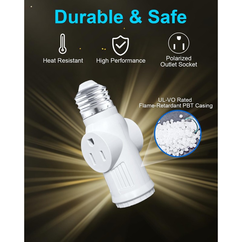 3-Prong Polarized Light Bulb Outlet Socket Adapter for Garage, Porch