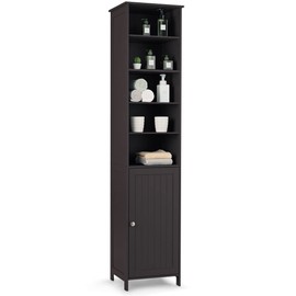 Tangkula Slim Tall Bathroom Storage Cabinet, 72" H Floor Standing Tower Cabinet with Adjustable Shelves & Cupboard with Door, Space Saving Narrow Storage Cabinet for Bathroom (Brown)