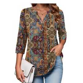 Zeagoo Womens Tunic Tops To Wear With Leggings Floral Blouse 3/4 Length Sleeve Shirts Boho Multicolor M