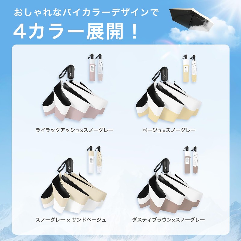 CICIBELLA 日傘 uvカット 100% 遮光 折り畳み ワンタッチ自動開閉 バイカラーデザイン 晴雨兼用 折りたたみ傘