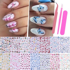 Butterfly Nail Art Sticker Decals 14 PCS Colorful Flower Vine Nail Decals with Tweezers Gradient Pink Blue Butterflies Designs 3D Adhesive Stickers for Women Girls DIY Summer Manicure Decor Supplies