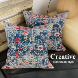 SZXYCZL 2Packs Boho Pillows Covers 16×16 inch, Linen Bohemia Carpet Pattern Decorative Couch Throw Cushion Covers for Living Room Bed Outdoor Pillow Case-Flower Blue