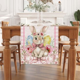 Linen Watercolor Bunny Rabbit Flower Easter Table Runner 72 Inches Long Easter Decor Easter Spring Summer Home Kitchen Dining Room Table Decorations