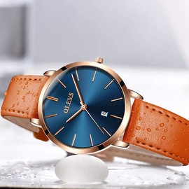 OLEVS Watches for Women Waterproof Wristwatches Analog Quartz Ultra Thin Upgraded-Yellow Watches Leather Strap Watches with Date Calendar Watches,Gifts for Women