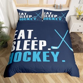 Feelyou Ice Hockey Duvet Cover - Hockey Sports Theme Bedding Set - Full Size - Blue - 3 Pcs - Zipper Closure - Modern Style - Breathable Microfiber - Machine Washable - Duvet Cover & 2 Pillow Cases