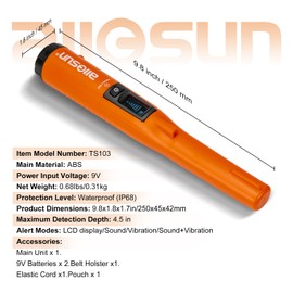 allsun Metal Detector Pinpointer for Adults,Gold Treasure Hunting Tool Accessories,4.5”Detection Depth IP68 Fully Waterproof 360°Search Handheld Pin Pointer Wand LCD & Belt Holster,3 Alert Modes TS103