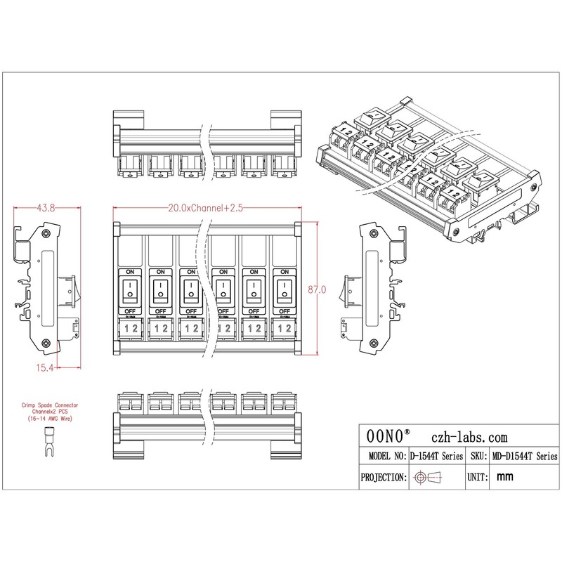 DIN Rail Mount Rocker Switch Module, 10Amp 250VAC/50VDC (16 Channel)