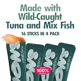 Glad Tidings Snowy's Lickable Wet Seafood Cat Treats Made with Wild-Caught Tuna and Seafood, Creamy Squeezable Purée, Topper with Vitamin E & Taurine, 16 Count, 1.7 Ounces ⏤ Trio