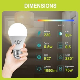 GY GY E27 Led Kaltweiss Glhbirne, 6.5W 1050LM Energiesparlampe, Ersetzt 75W Halogenlampen, Energieeffizienzklasse C, A60 Led Kaltwei?, Abstrahlwinkel 280Leuchtmittel, Nicht Dimmbar, 6 Stck