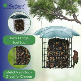 Backyard Essentials Large Seed or Suet Log Cage Feeder - Metal Suet Cage Cylinder Bird Feeder with Green Slide Down Protective Roof