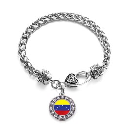 Inspired Silver - Venezuela Flag - Silver Braided Bracelet for Women - Circle Charm Bracelet Jewelry Gift with Cubic Zirconia - Women's Charm Bracelet with Lobster Claw Clasp
