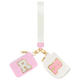 Birthday Gifts for Girls, Teen Girl Gifts Trendy Stuff,Initial Wristlet Wallets for Women, dual Pouch Wristlet Cute Stuff for Girls Women Teen Gift mini coin purse (R, Pink+Beige)